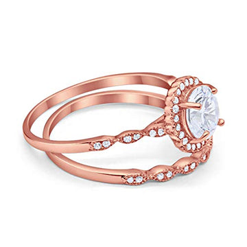 Two Piece Halo Engagement Ring Rose Tone, Simulated CZ 925 Sterling Silver